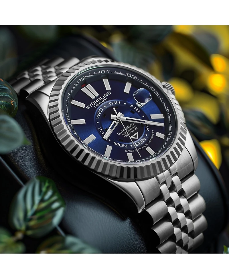 Stuhrling Datemaster Ii Men s Swiss Automatic 42mm Stainless Steel Watch, Dial, Fluted Bezel, Day & Date