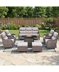 Pocassy Homile 8 Pieces All-Weather Wicker Patio Furniture Set With Propane Fire Pit Table, Swivel Rocking Chairs and 6in Thick Cushions