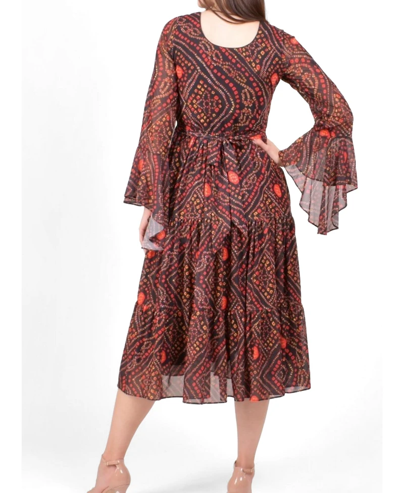 Raas Women's Bandhani Bell Sleeve Tiered Midi Dress