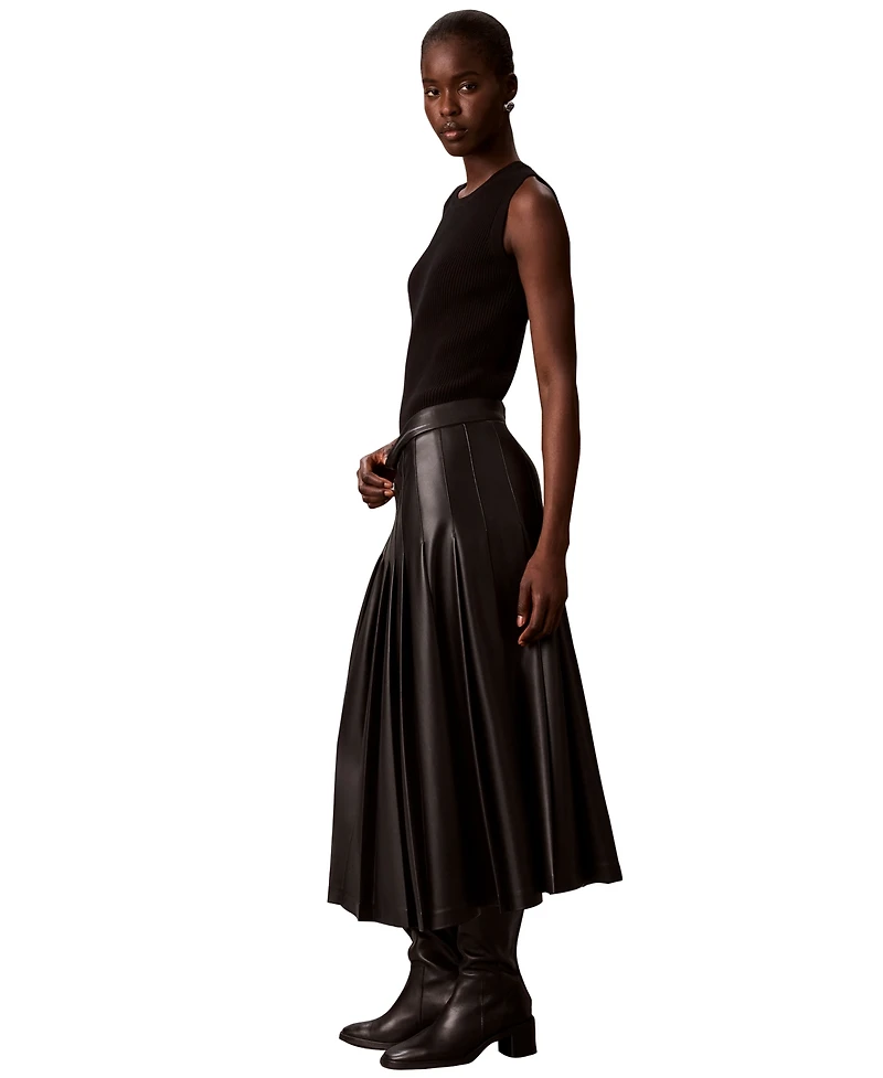 Calvin Klein Women's Pleated Midi High-Waisted Faux Leather Skirt