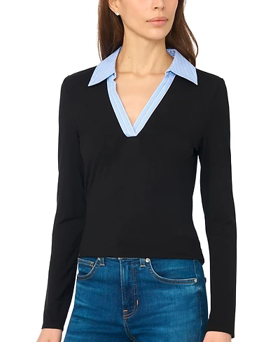 CeCe Women's Long-Sleeve Striped Collar Knit Polo