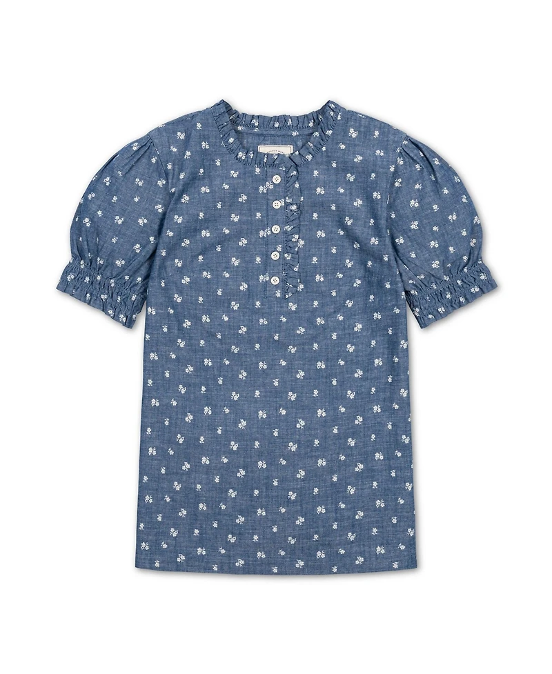 Hope & Henry Women's Chambray Puff-Sleeve Floral-Print Blouse