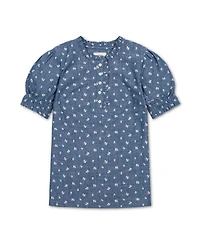 Hope & Henry Women's Chambray Puff-Sleeve Floral-Print Blouse