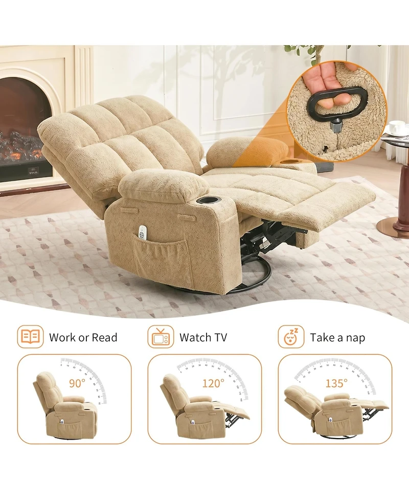 Oversized Swivel Rocker Recliner With Heat and Massage, 8 Vibration Massage Nodes, Lumbar Therapy, Soft Fabric, Cup Holders, For Living Room