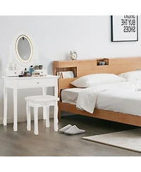 gaomon Vanity Table and Chair Set, Princess Kids Dressing Makeup Desk with Rotating Led Mirror, Cushioned Stool, Storage Drawers