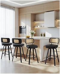Bekrvio 29" Mid-Century Swivel Bar Height Bar Stools, Rattan Back and Faux Leather Kitchen Stools
