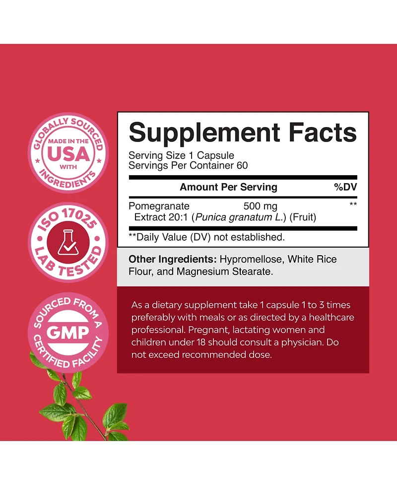 Nature's Craft Pomegranate Extract Capsules 500mg - Pomegranate Fruit Extract - Easy-to-Swallow Capsules