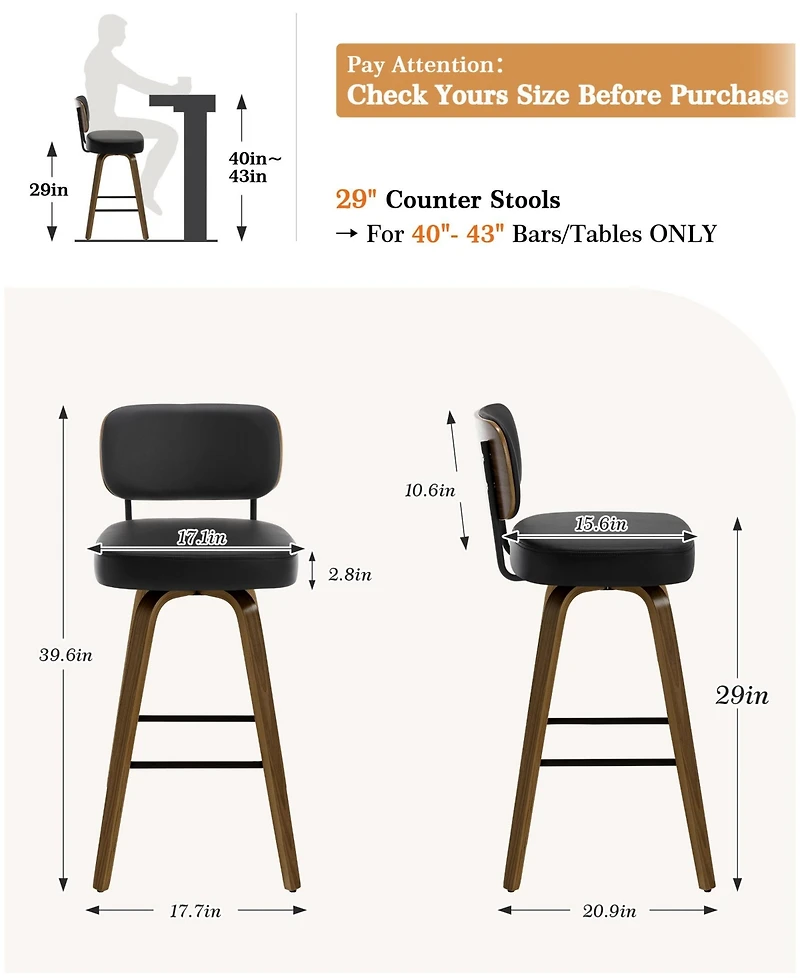 Bekrvio 29" Swivel Bar Stool, Pu Leather Back with Footrest and Solid Wood Frame, Height for Kitchen Island, Mid-Century Modern
