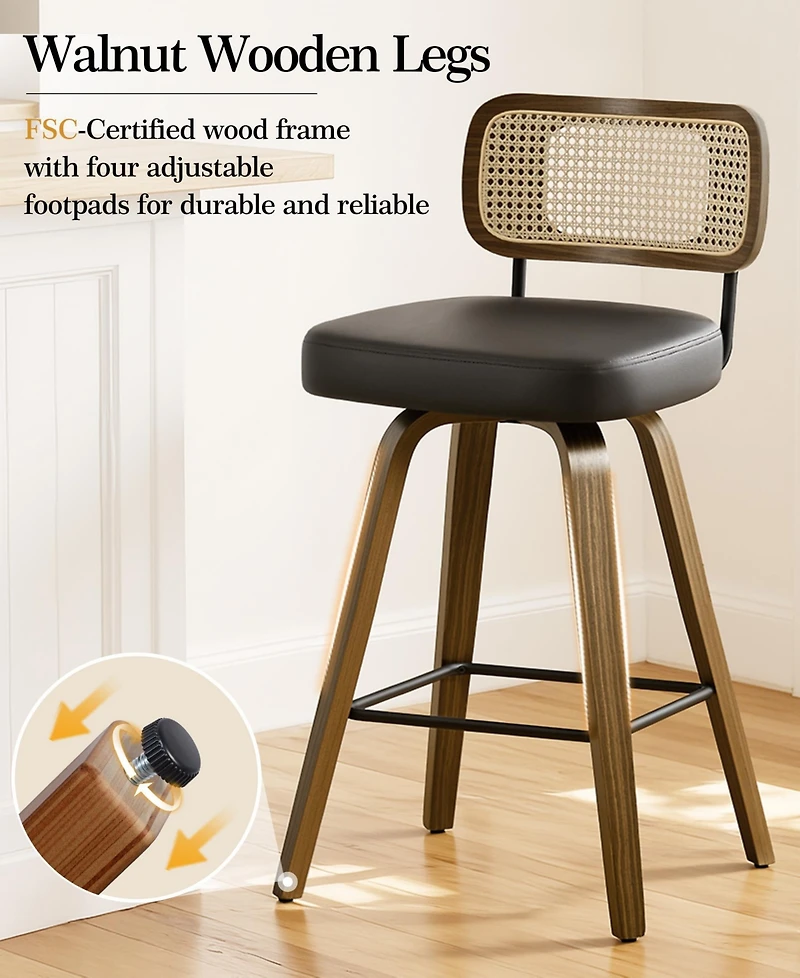 Bekrvio 29" Mid-Century Swivel Bar Height Stools, Rattan Back and Faux Leather Kitchen Stools