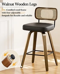 Bekrvio 29" Mid-Century Swivel Bar Height Stools, Rattan Back and Faux Leather Kitchen Stools