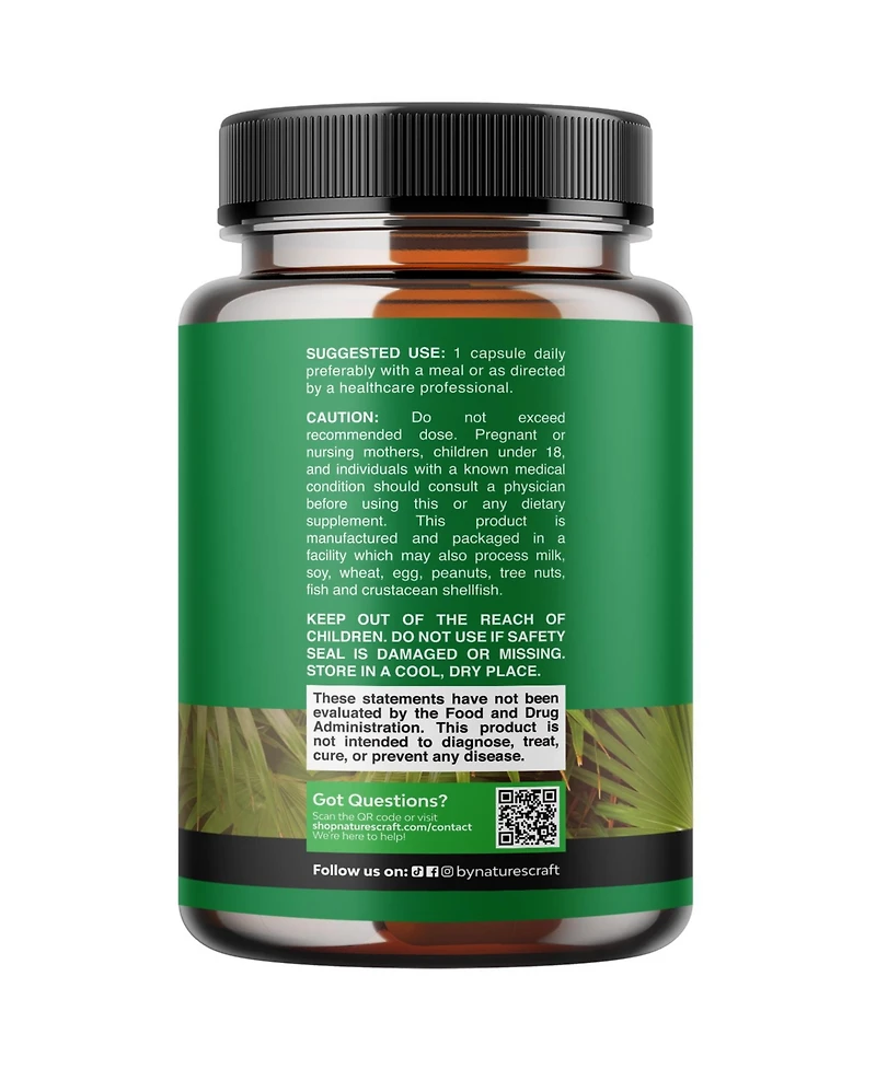 Nature's Craft Saw Palmetto Extract Herbal Supplement, 500 Milligram per Serving, Plant Sterols and Flavonoids, 100 Capsules