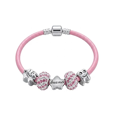 Bling Jewelry Tooth Fairy Pink Crystal Bead Charm Bracelet .925 Sterling Silver Leather