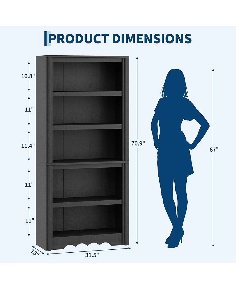 homfan 70.9" Tall Bookshelf - 5-Tier Wood Bookcase with Arched Roman Column Design for Home Office and Living Room