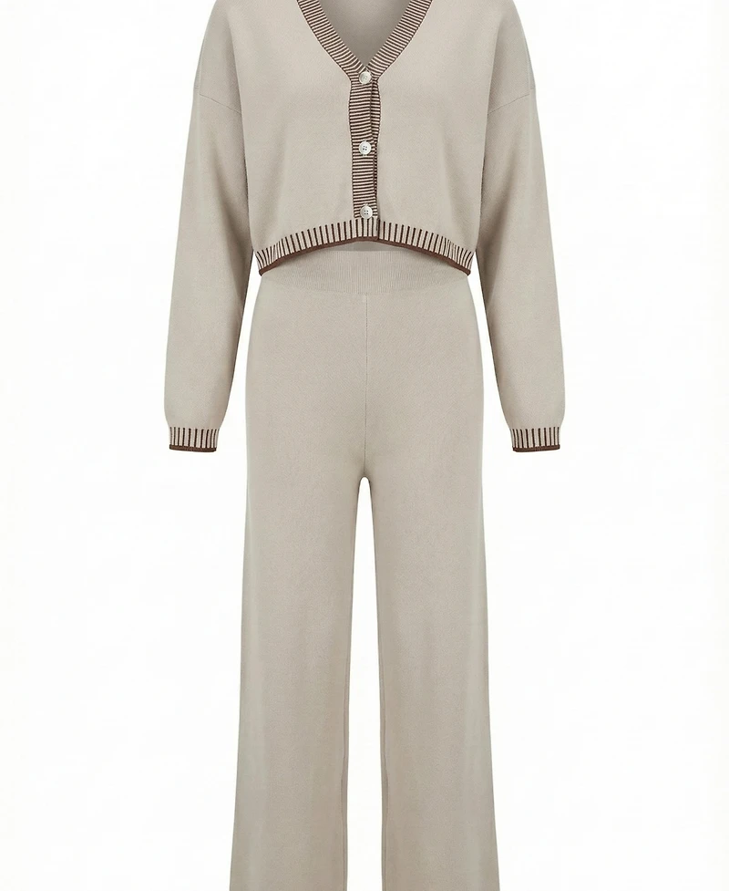 Modenaire Women's Knit Contrast-Trim V-Neck Cropped Cardigan and Wide-Leg Pants, 2-Piece Set