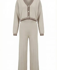Modenaire Women's Knit Contrast-Trim V-Neck Cropped Cardigan and Wide-Leg Pants, 2-Piece Set