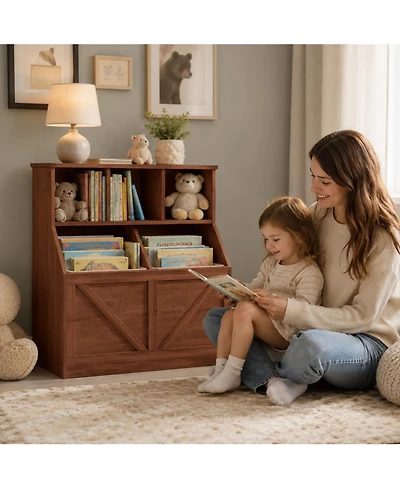 Gaomon Kids Toy Storage Organizer and Bookshelf, Farmhouse Wood Cabinet with Open Cubbies Bins, Anti-Tip Safety Design