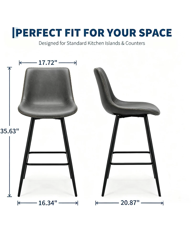 homfan Bar Stools Set of 2 with Backs, Counter Height Faux Leather Barstools, Metal Legs, Sawtooth Stitching, 350 lb
