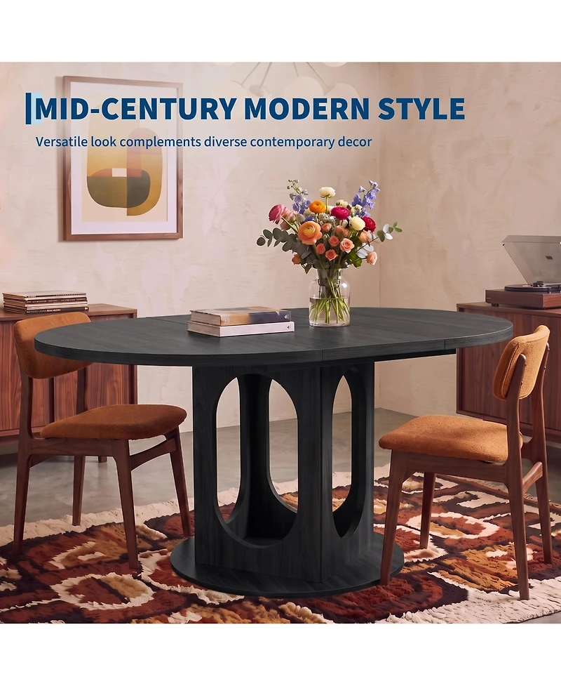 Extendable Dining Table for 4-8, Space Saving Wooden Round to Oval Kitchen with Modern Pedestal Base Apartment Room