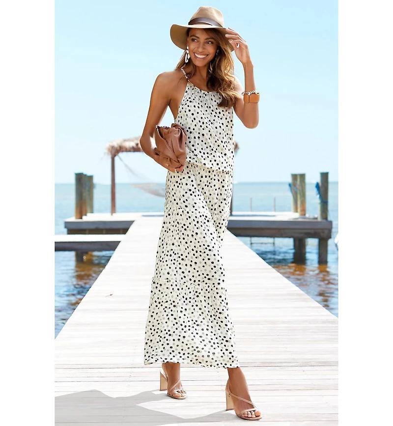 Lascana Women's Viscose Polka-Dot Print High Neck Tiered Maxi Dress