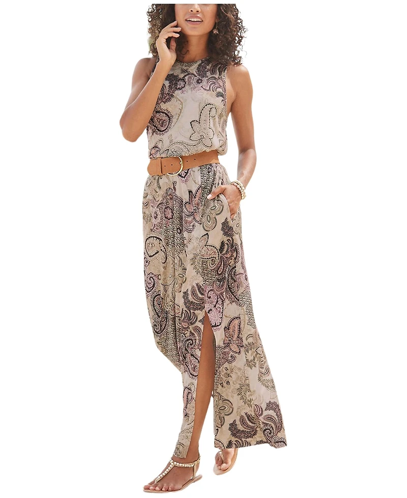 Lascana Women's Viscose Printed Side Slit with Pockets Column Maxi Dress