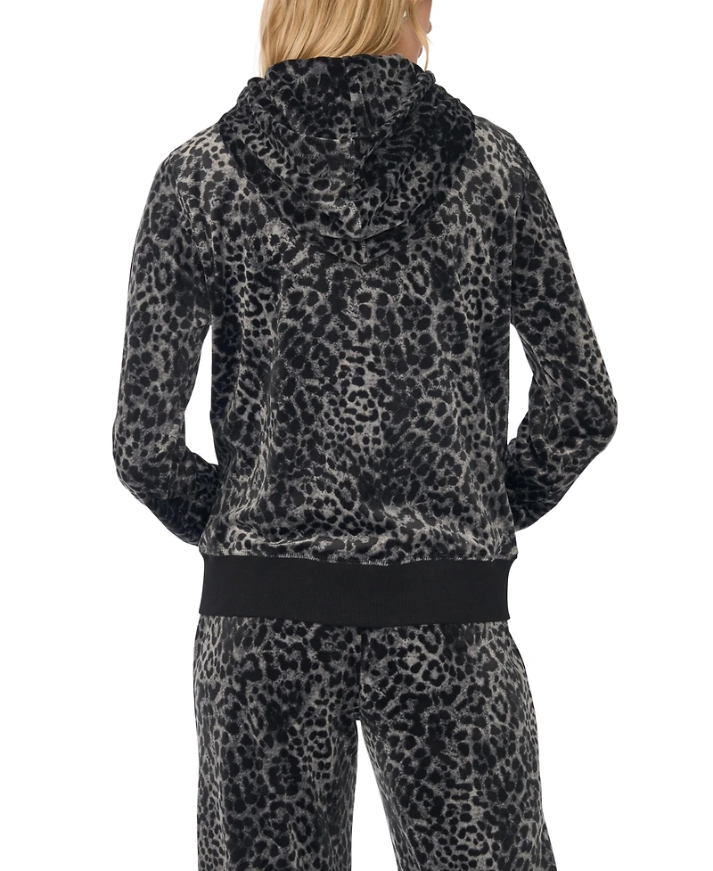 Vince Camuto Women's Velour Animal-Print Zip-Front Hoodie Jacket