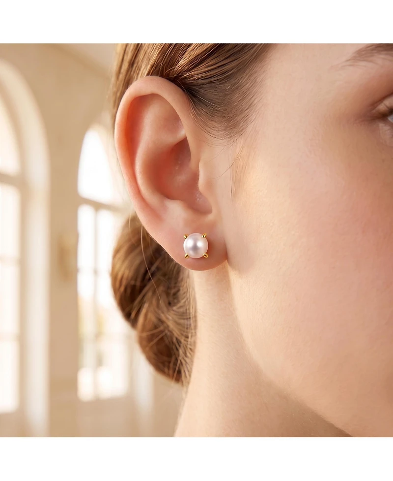 14k Gold Plated with Round White Genuine Pearl Solitaire Stud Earrings Sterling Silver