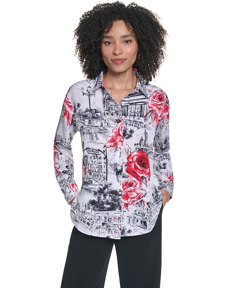 Karl Lagerfeld Paris Women's Printed Long-Sleeve Blouse