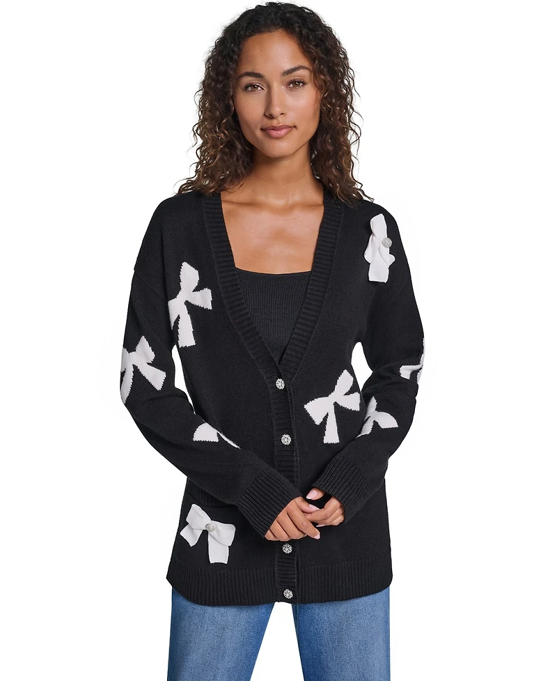 Karl Lagerfeld Paris Women's Bow Long-Sleeve V-Neck Cardigan