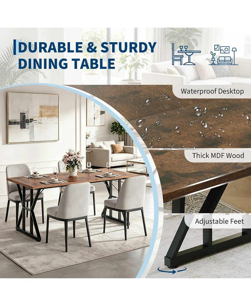 71 Inch Industrial Dining Table For 4 6, Waterproof Tabletop, Heavy Duty Metal Frame, Ergonomic Height, Space Saving, Modern Rustic For Home, Office