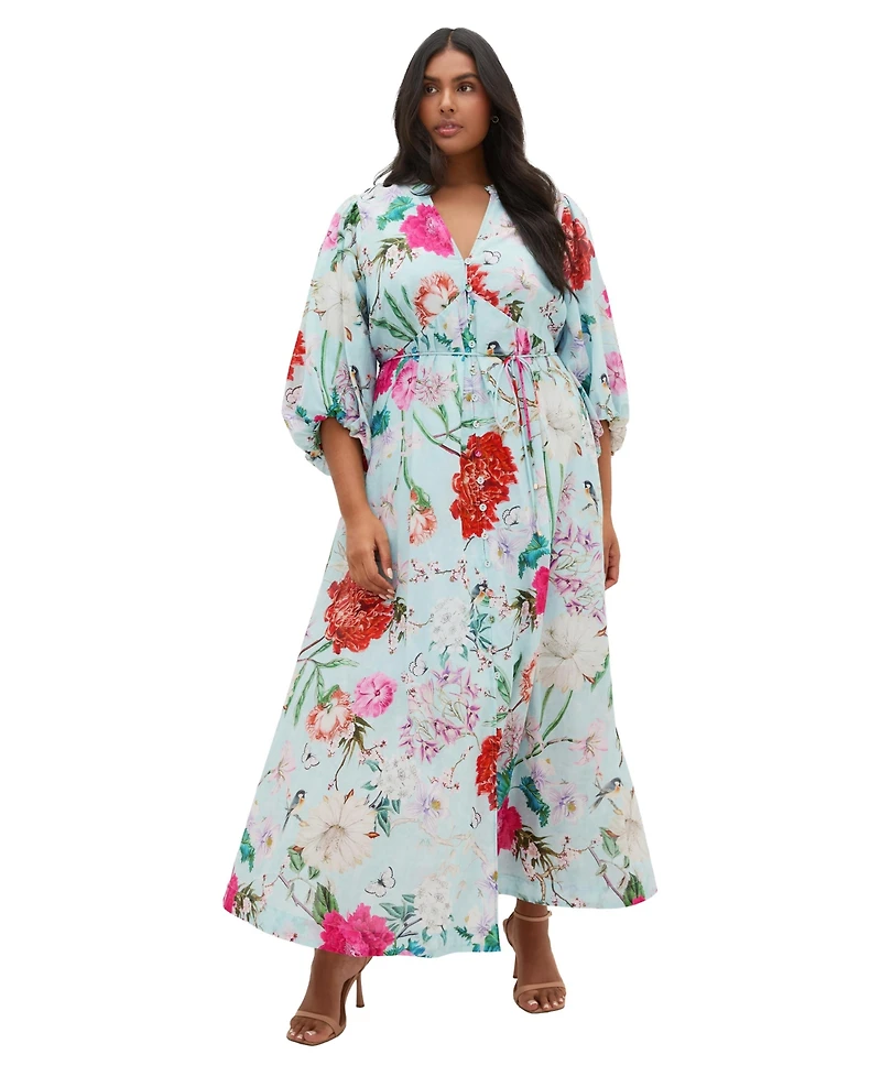 City Chic Plus Flora Floral-Print V-Neck Balloon-Sleeve Maxi Dress