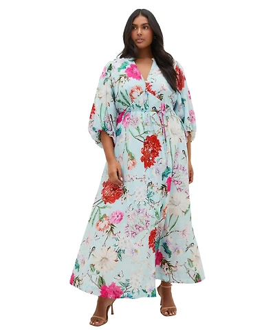 City Chic Plus Flora Floral-Print V-Neck Balloon-Sleeve Maxi Dress