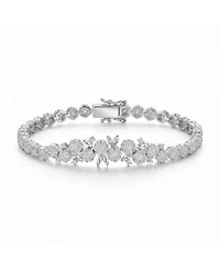 Sterling Silver with Rhodium Plated Clear Round Cubic Zirconia Flower Design Tennis Bracelet