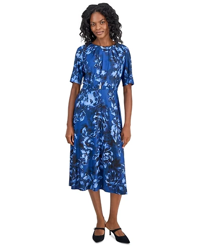 Kasper Women's Pleat-Neck Belted Short-Sleeve Dress
