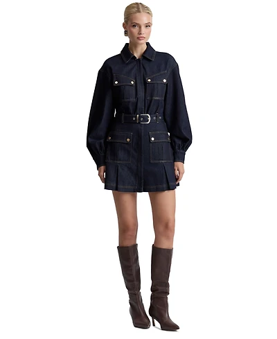 Avec Les Filles Women's Stretch Denim Belted Cargo Mini Dress