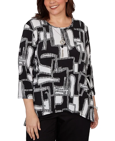 Alfred Dunner Plus Geo Boxes Puff Printed Top with Necklace