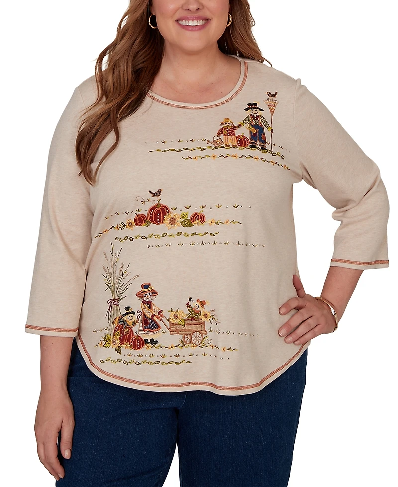 Alfred Dunner Plus Scarecrow Family Embroidered Top