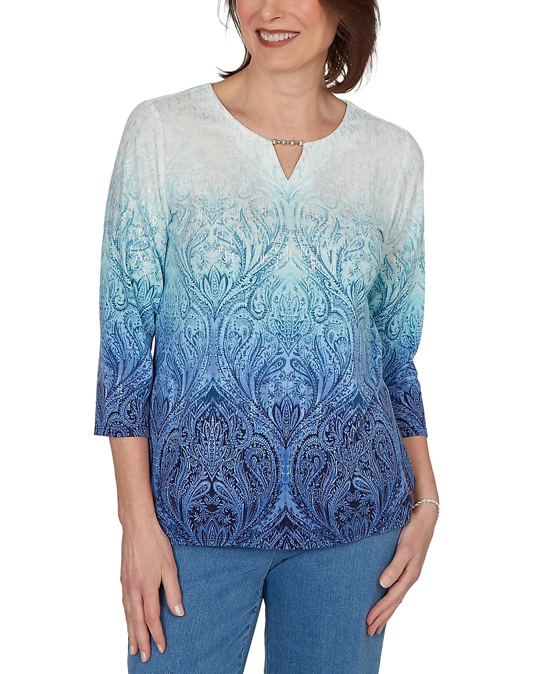 Alfred Dunner Petite Ombre Medallion Knit Top
