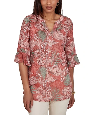Ruby Rd. Petite Tropical Floral Burnout Split Neck Top