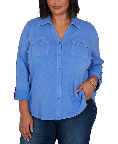Ruby Rd. Plus Rib Trim Button Front Knit Top