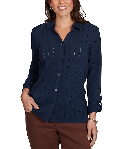 Ruby Rd. Petite Striped 3/4-Sleeve Henley Collar Blouse