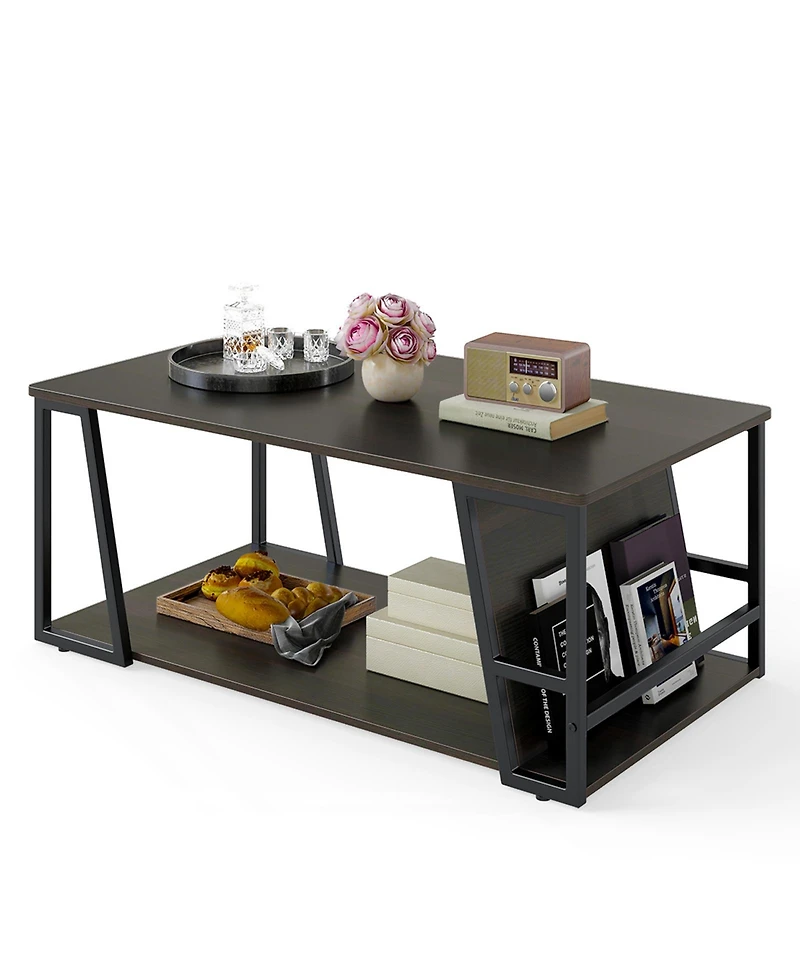 Mecale Rectangle Coffee Table 2 Tier Industrial Accent with Storage Shelf and Compartment