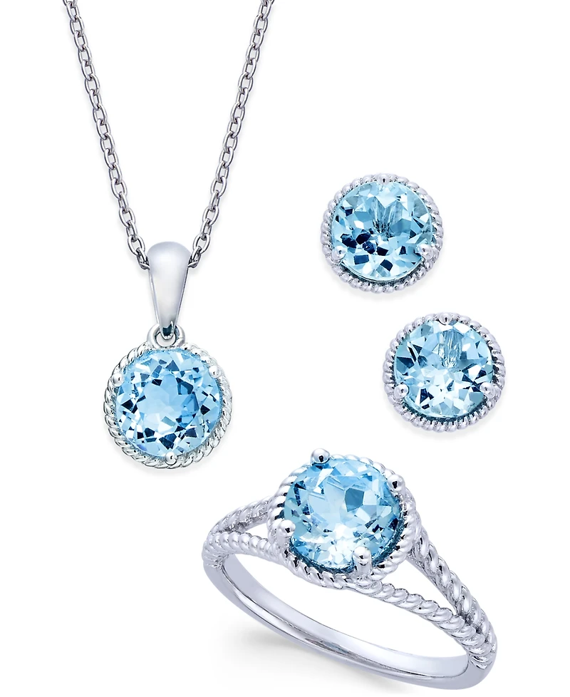 Blue Topaz Rope-Style Pendant Necklace, Stud Earrings and Ring Set (5 ct. t.w.) in Sterling Silver