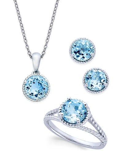 Blue Topaz Rope-Style Pendant Necklace, Stud Earrings and Ring Set (5 ct. t.w.) in Sterling Silver