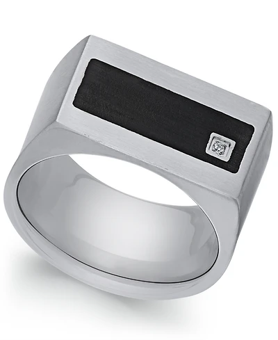 Sutton by Rhona Men's Stainless Steel Cubic Zirconia and Black Enamel Ring