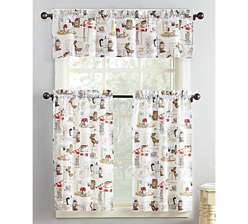 Brew Coffee Shop Semi-Sheer Rod Pocket Kitchen Curtain Valance and Tiers Set