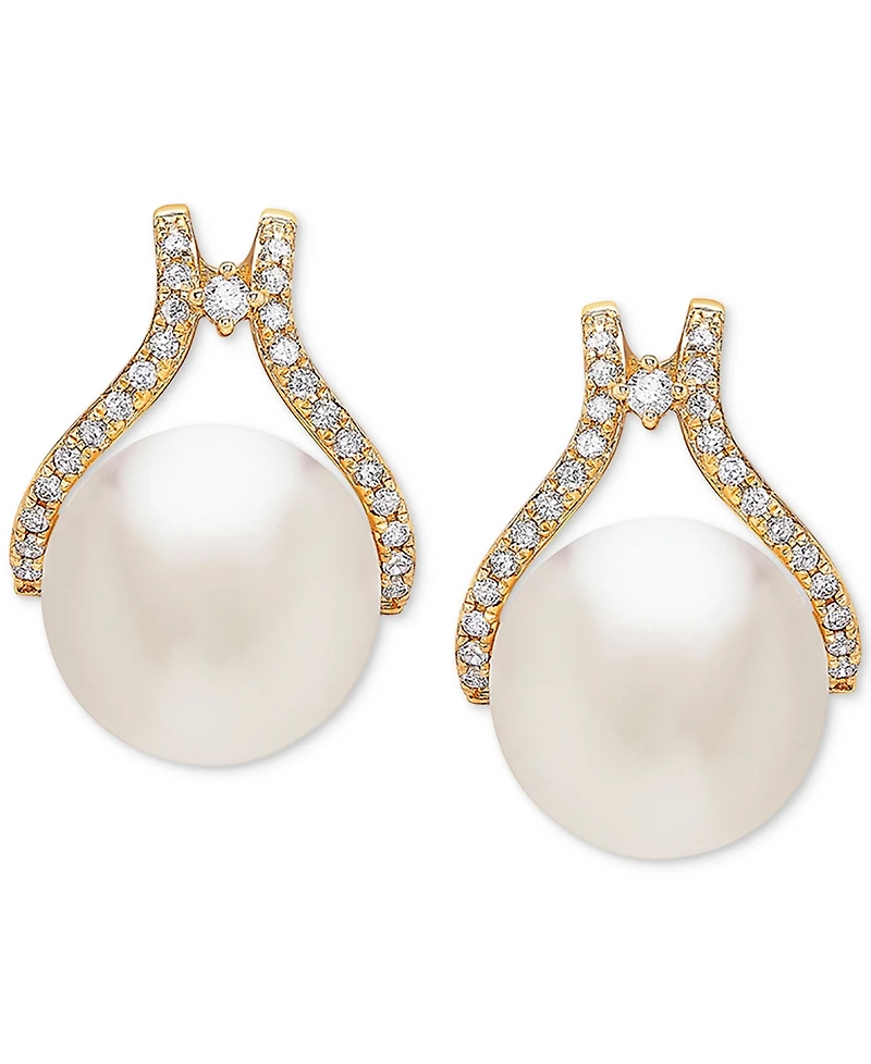 Honora Cultured White Ming Pearl (12mm) & Diamond (1/3 ct. t.w.) Stud Earrings in 14k Gold