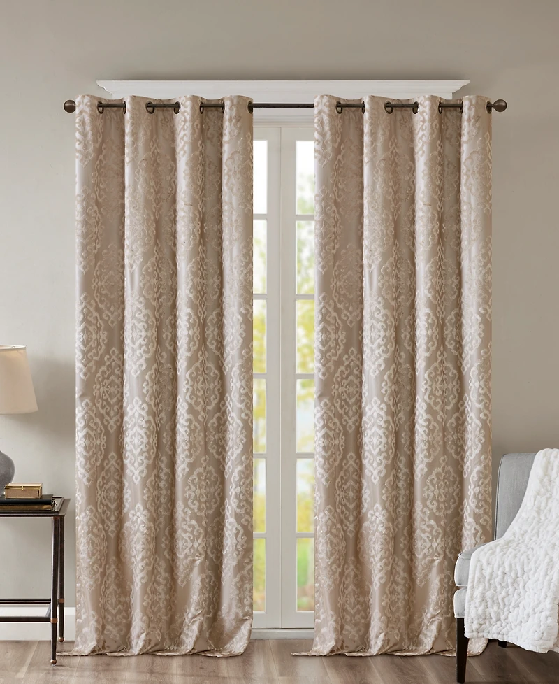 Mirage Knitted Jacquard Damask Total blackout curtains for bedroom, Silver grommet top fit up to 1.25 inches rod Single Curtain Panel for Living Room