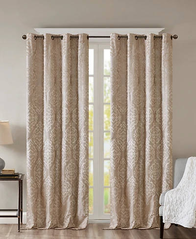 Mirage Knitted Jacquard Damask Total blackout curtains for bedroom, Silver grommet top fit up to 1.25 inches rod Single Curtain Panel for Living Room