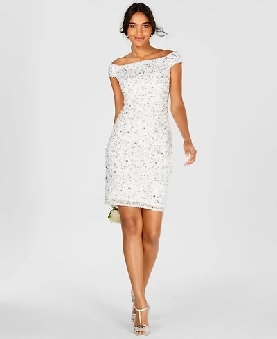 Adrianna Papell Women's Off-The-Shoulder Beaded Sheath Dress