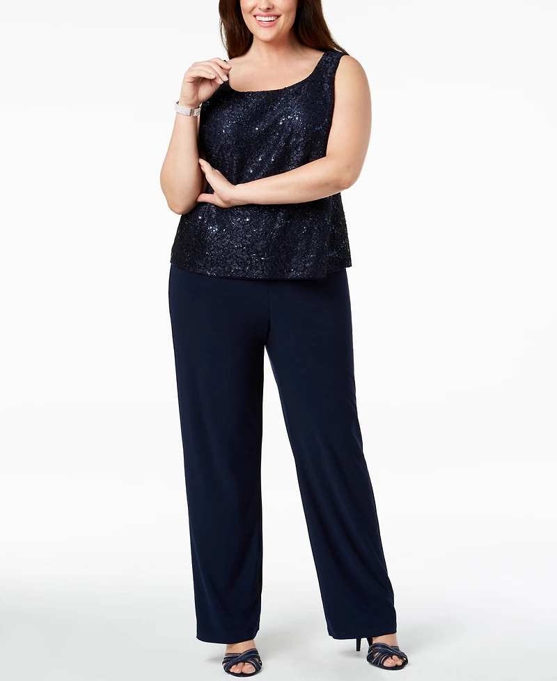 R & M Richards 3-Pc. Plus Sequined Lace Pantsuit Shell